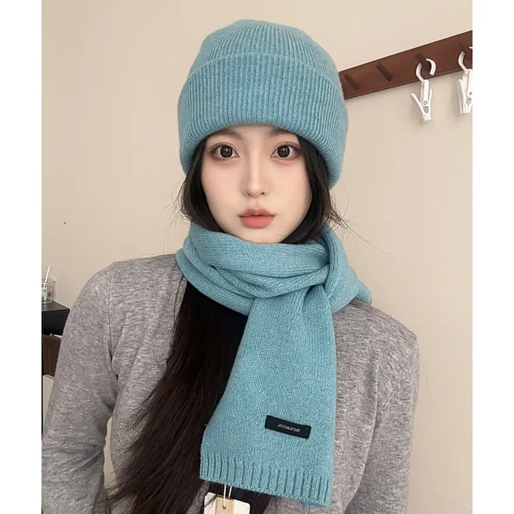 冬季氛围感蓝色系100％纯羊毛针织帽围巾两件套保暖骑行套装百搭