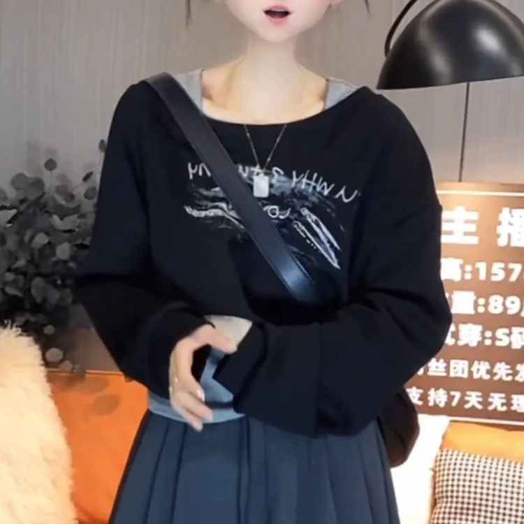 韩系洋气减龄印花字母长袖卫衣女2025早秋新款时尚无袖背心两件套