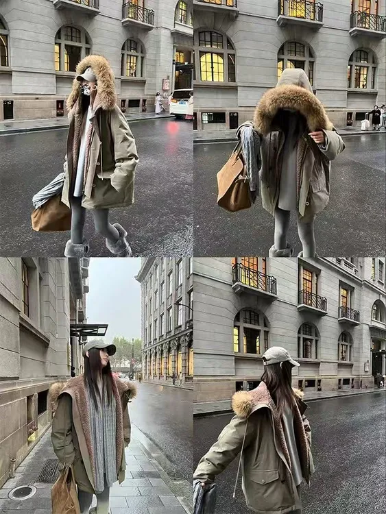 气质工装毛领棉服连帽外套宽松冬季新款加厚保暖派克服928