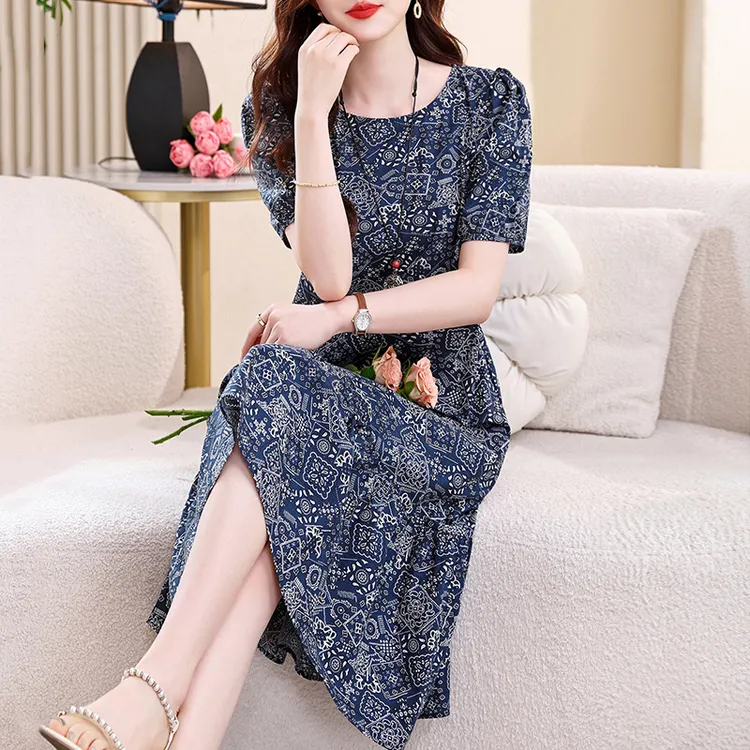 zmdm9844高级感复古印花气质连衣裙2025爆款高腰系带圆领显瘦裙子