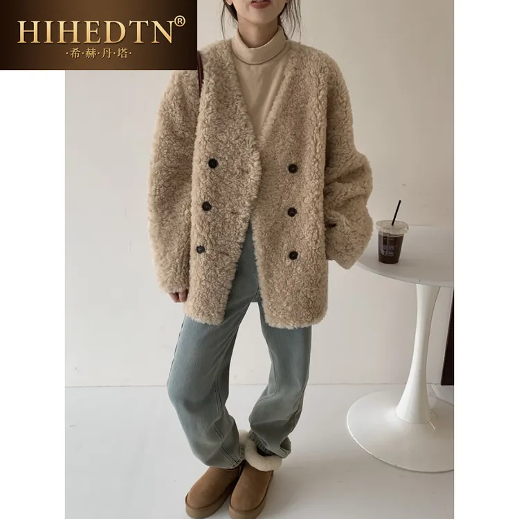 希赫丹塔羊羔毛大衣女冬季新款慵懒风软糯韩版v领中长款皮草外套