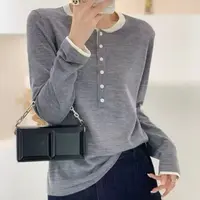 高端时尚休闲美式复古假两件薄款羊毛针织T恤打底衫女2025秋4357