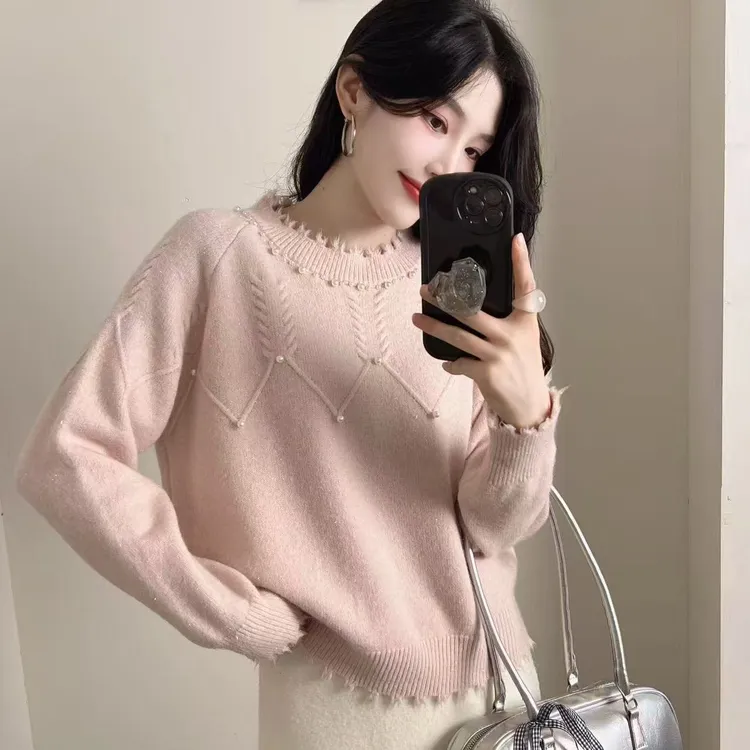 新款女毛针织衫温柔风长袖针织打底衫时尚百搭套头秋冬韩版上衣
