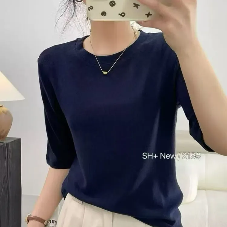 纯色圆领五分袖休闲简约打底衫219