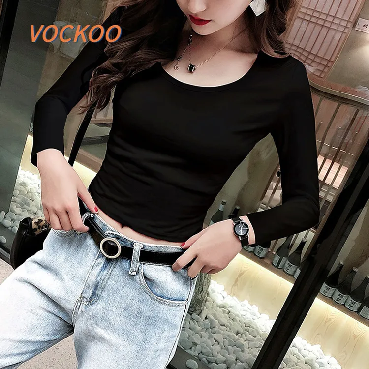 VOCKOO黑色短款打底衫女早秋内搭ins露脐上衣2025年爆款棉长袖高