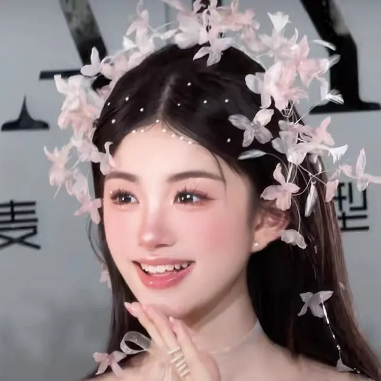 新款森系渐变粉色长尾花发箍新娘头饰超仙结婚纱造型配饰大气高级