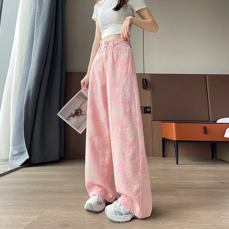 粉色渐变扎染春夏季新款薄款阔腿牛仔裤女士小个子直筒窄版长裤子
