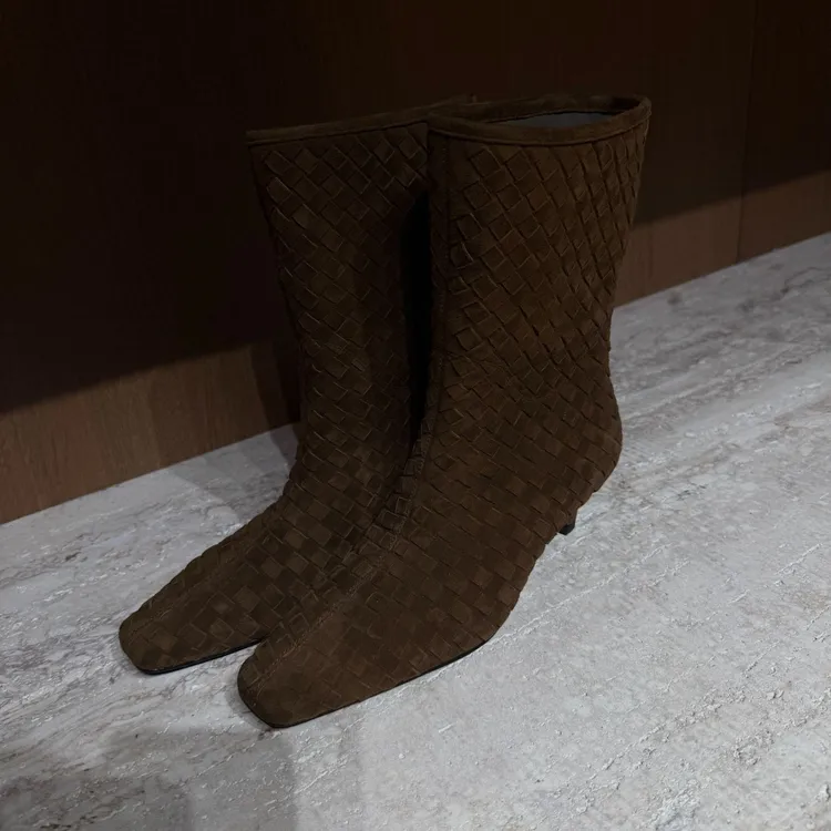 TANTAN 时尚百搭细跟羊皮加绒编织靴3731