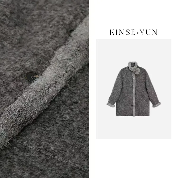 KINSE YUN『考拉外套』兔毛领边抗风保暖羊驼毛混纺双面大衣QD18818