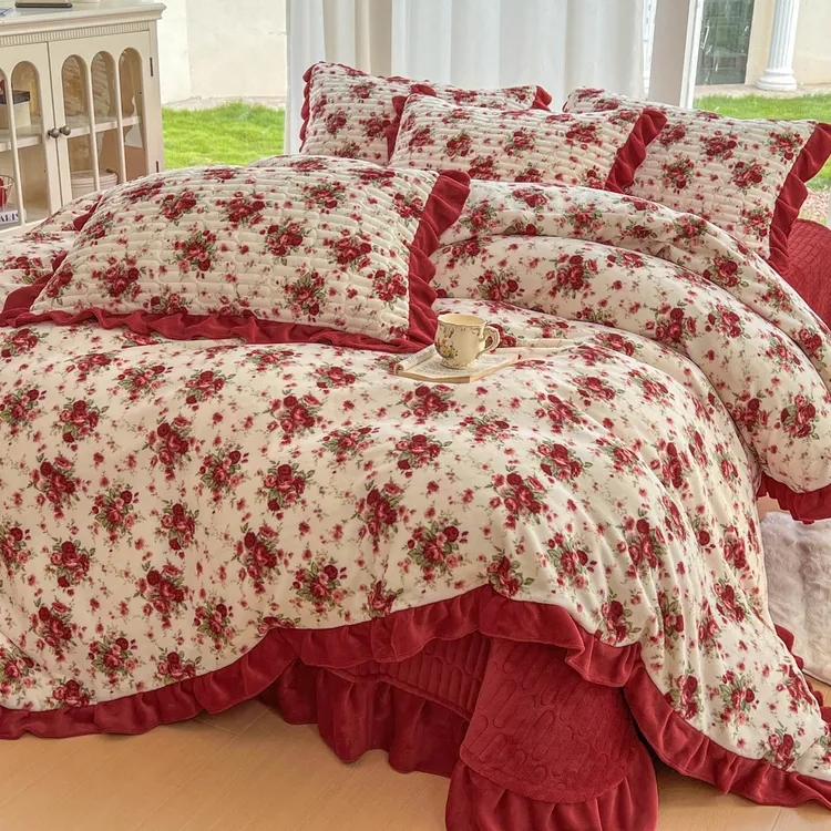 新款牛奶绒夹棉床盖加厚保暖四件套