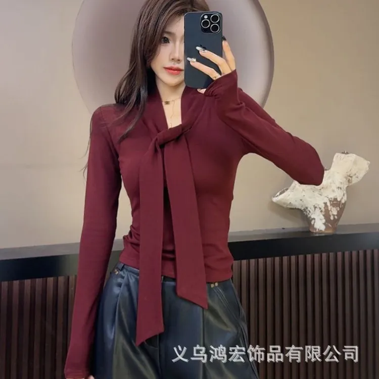 韩版纯欲小众V领飘带气质修身打底长袖体恤女内搭性感收腰显瘦上