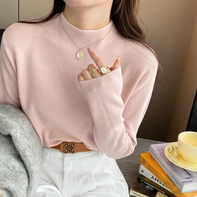 浅粉色半高领打底衫女内搭2024秋冬季新款高级感毛衣修身针织上衣