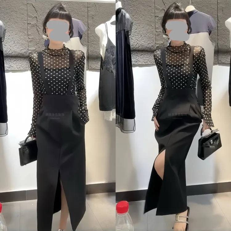 2025早秋新款韩版纯欲慵懒风显瘦长袖上衣修身时尚舒适背带裙套装