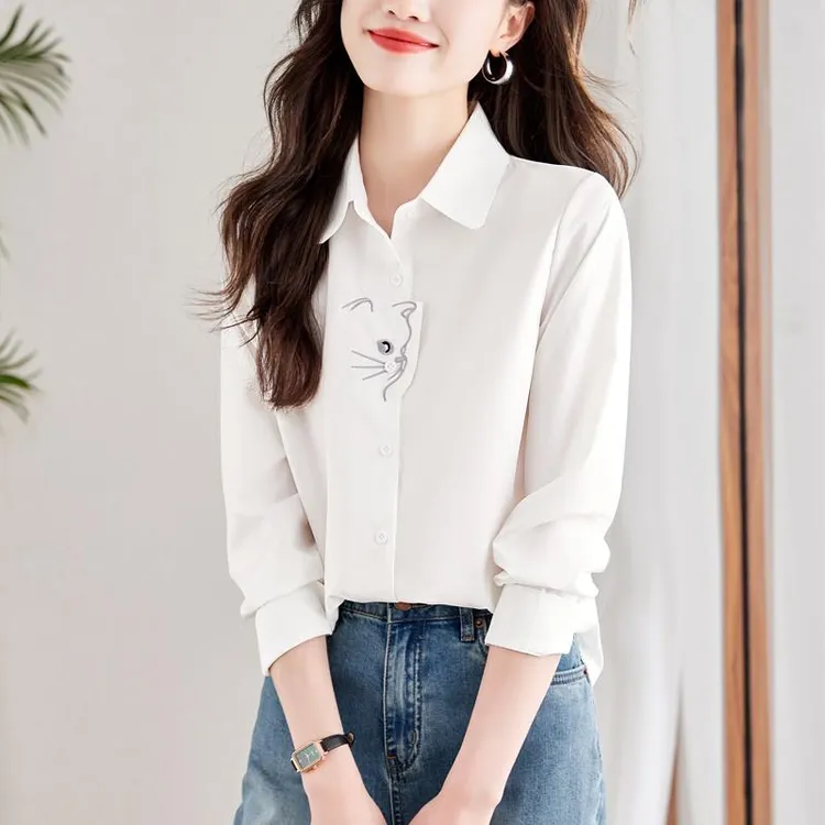 魅言新款百搭印花女款休闲长袖白色衬衫洋气上衣女百搭衬衣今年