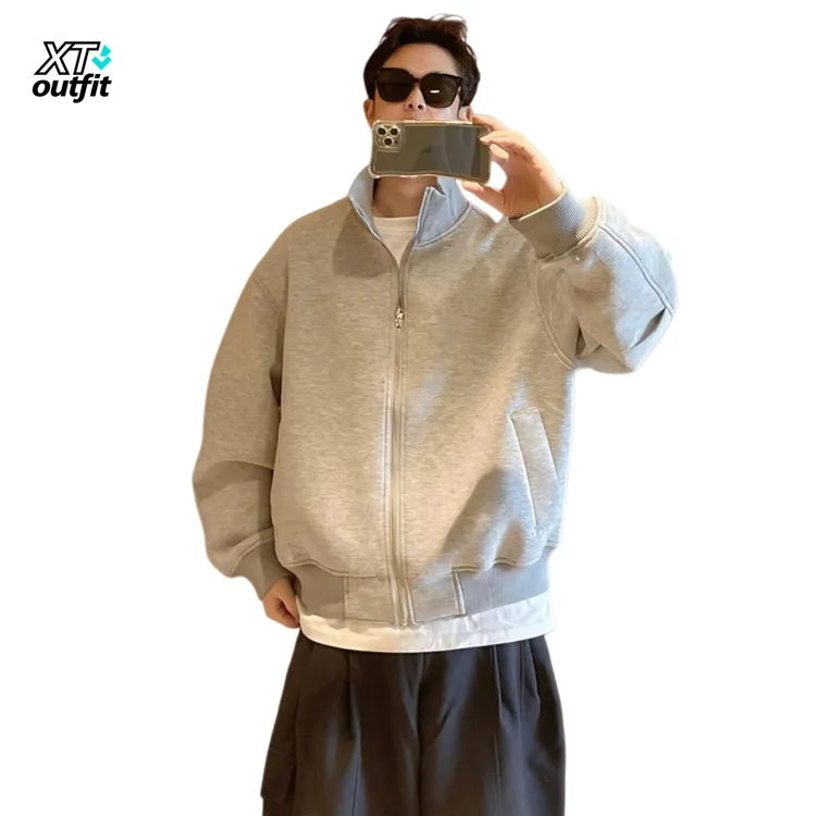 美式廓形开衫卫衣男款春秋季cleanfit运动风痞帅宽松立领卫衣外套