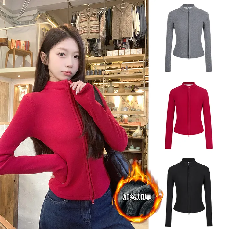 Moses Queen/魔西女王美式双拉链外套加厚上衣女立领修身掐腰开衫