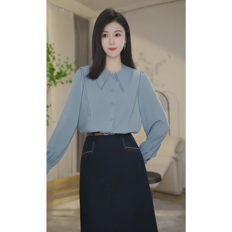 【婷婷甄选】流光风8593133灰蓝色衬衫女长袖气质时尚小众法式衬衣