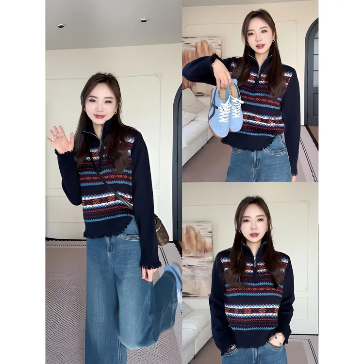 【余欢欢】冬季半拉链半高领毛边费尔岛毛衣-YHW51268