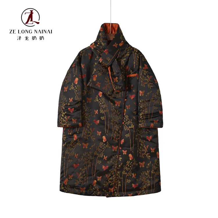 25116 蝴蝶竹纹提花棉服新中式长款棉衣国风小众设计感外套