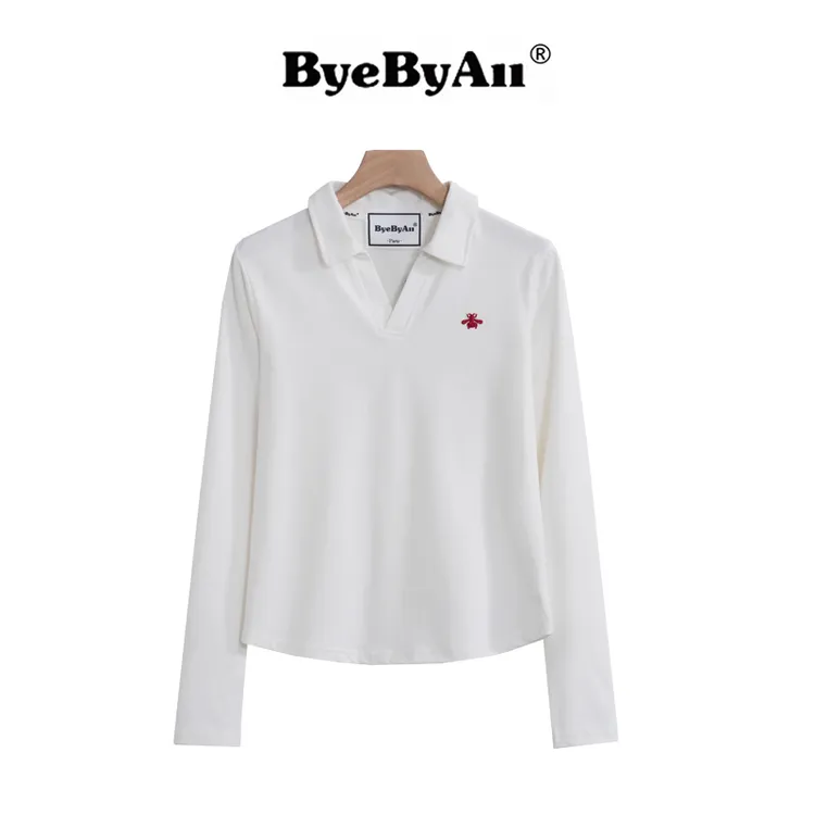 BYEBYALL2025新韩版设计师刺绣春款POLO领长袖T女士百搭简约翻领