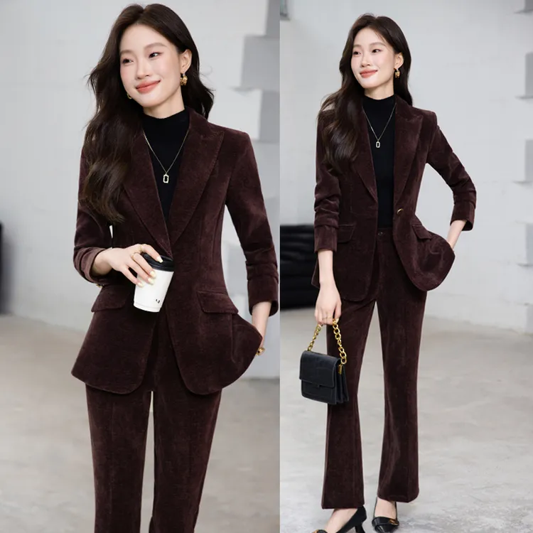 秋冬新款高级感加厚职业丝绒西装女酒红色修身时尚气质微喇裤套装