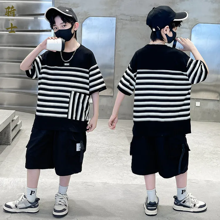 男童夏装套装2025新款条纹中大儿童装夏季男孩运动短袖网红帅气潮