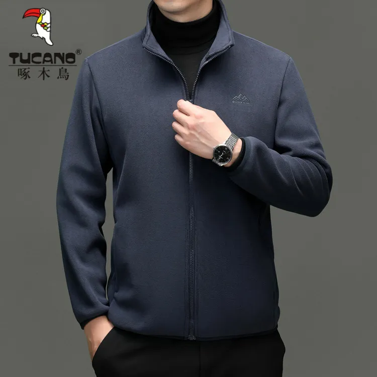 啄木鸟摇粒绒夹克秋冬季新款中年休闲立领开衫卫衣男士抓绒衣外套