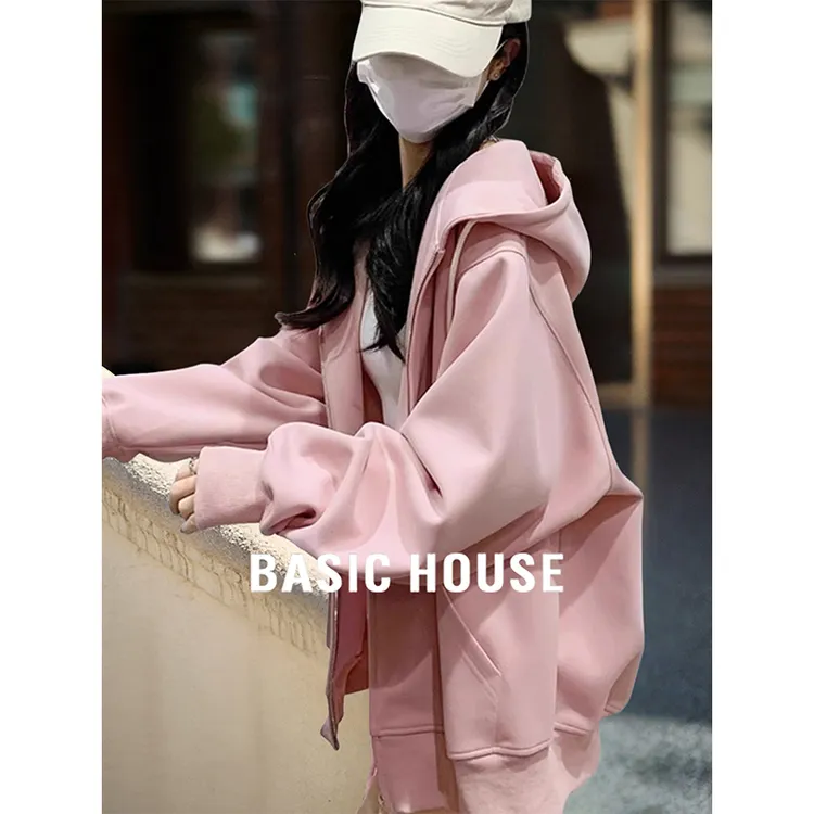 Basic House/百家好粉色连帽卫衣宽松休闲拉链开衫外套女2025秋季