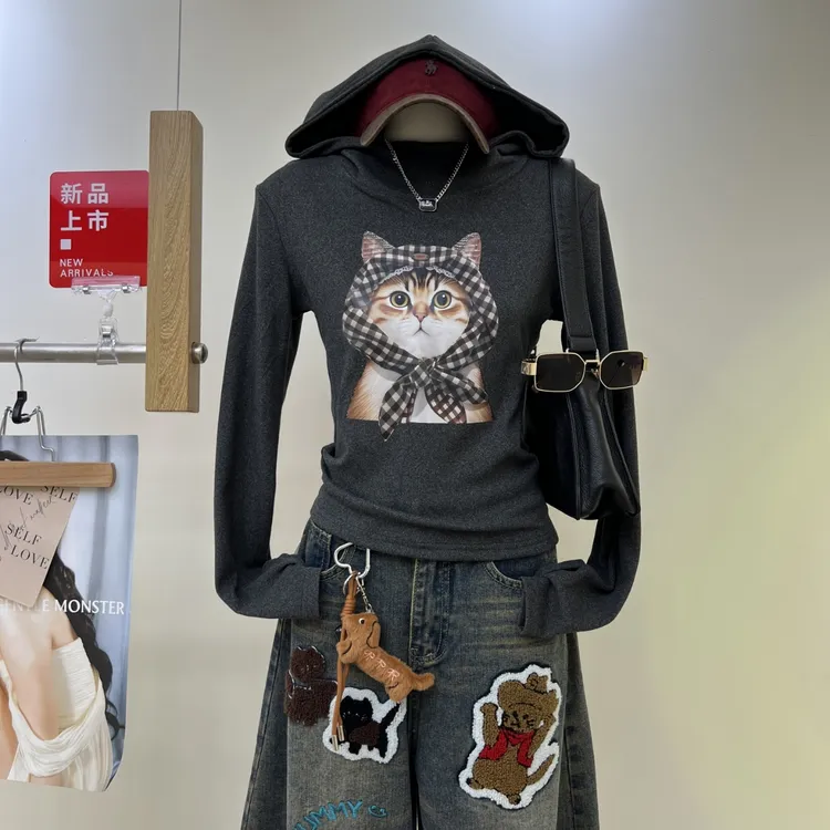 网红款精品法式高档2025冬款双面绒连帽减龄保暖内搭打底衫