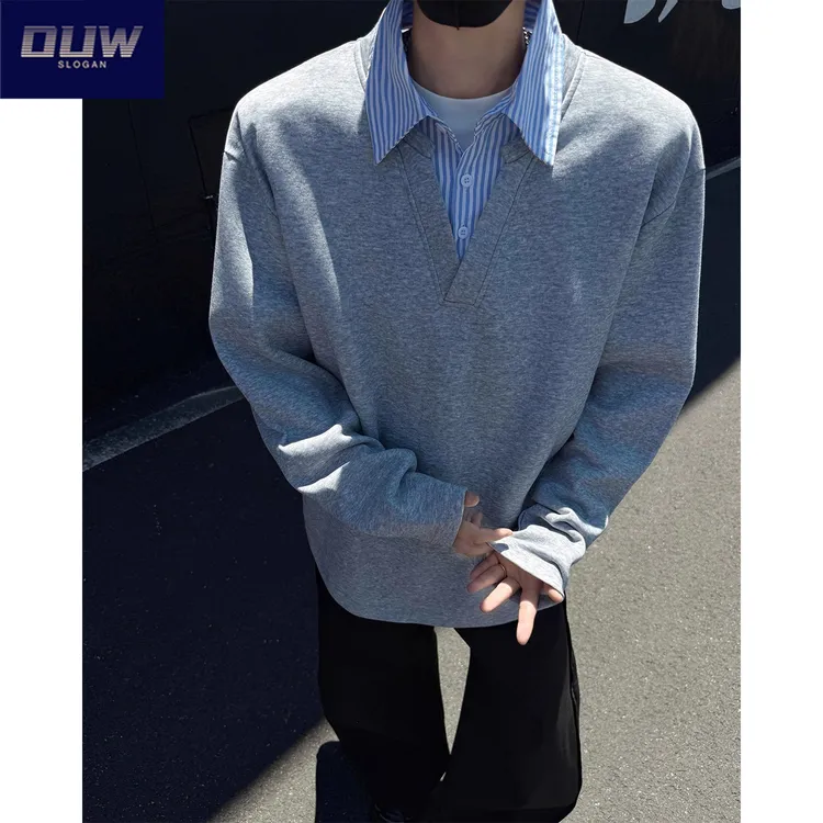 O.U.W秋冬不缩水假两件常规男士内搭polo衫小众卫衣宽松拼接长袖