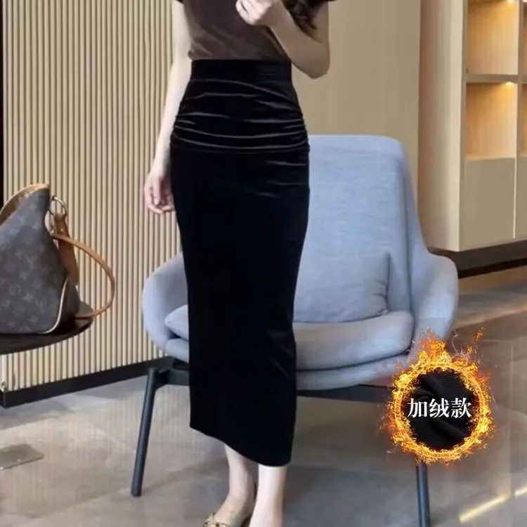 金丝绒半身裙女秋冬款褶皱包臀裙长裙高腰开叉复古加绒加厚一步裙