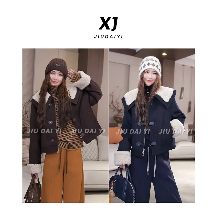 玖黛衣【嘉木】秋冬加厚冬季保暖宽松休闲洋气毛领毛呢外套WTJ46335