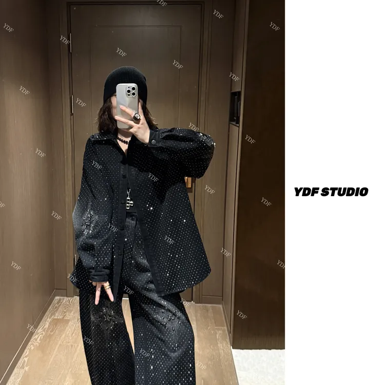 YDFSTUDIO小众【璀璨星河】欧货早秋重工满天星烫钻设计牛仔外套