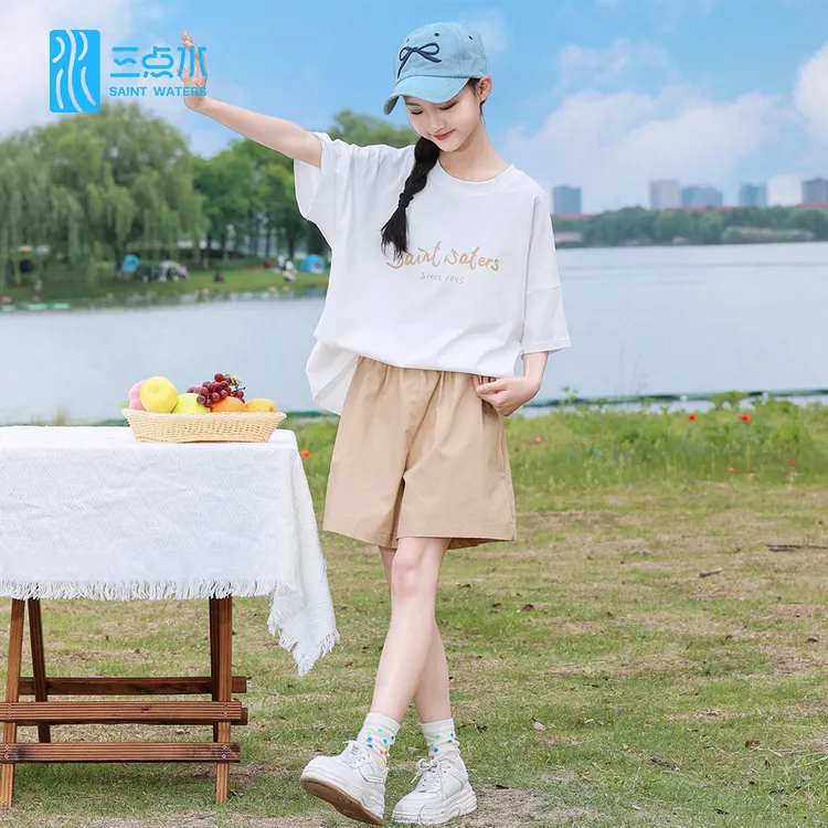 三点水2025夏款女中大童学生套装纯棉吸汗透气干爽短袖短裤两件套