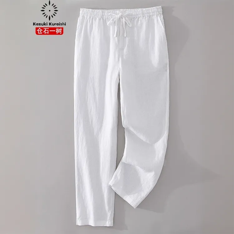 仓石一树韩版纯色宽松亚麻休闲裤男夏季时尚潮流日常百搭直筒裤子