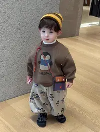 男童套装2025秋冬新款儿童可爱企鹅加绒卫衣卡通加绒休闲束腿裤潮