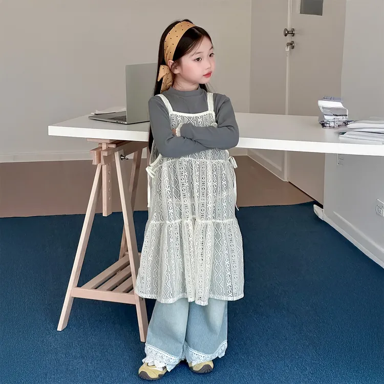 女童套装2025新款小女孩春秋洋气蕾丝罩衫裙子三件套儿童韩系穿搭