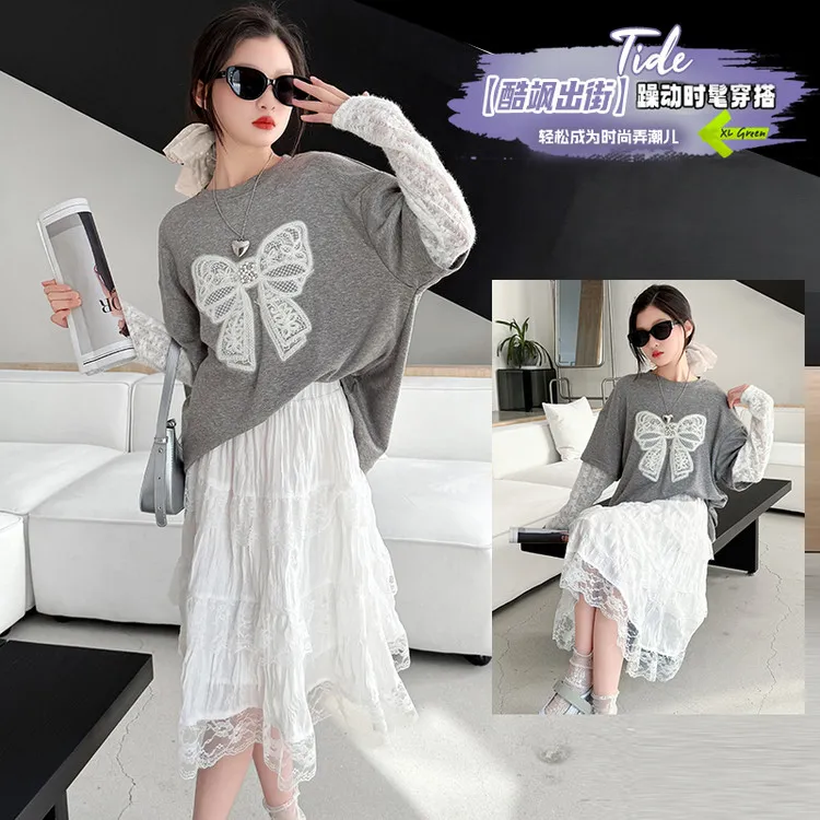 春季女童套装春夏新款中大童蕾丝假两件卫衣半身裙潮女孩网红洋气