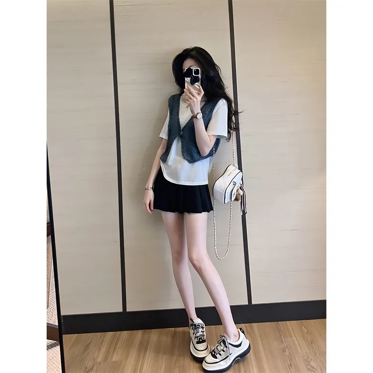 牛仔叠穿短袖假两件T恤上衣百褶裙半身裙两件套显瘦气质套装穿搭
