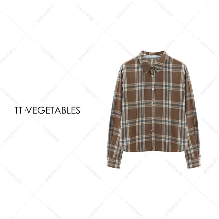 TT・VEGETABLES【序白】连霏 棉拼接格子翻领秋季衬衫薄款上衣521695