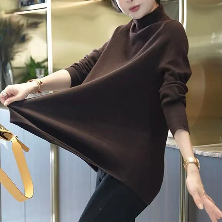 【松弛感】秋冬季咖色宽松气质显瘦半高领上衣百搭显瘦中长款打底衫