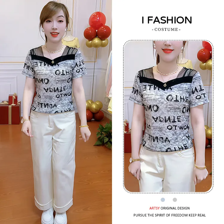 休闲网纱拼接短袖T恤女2025夏季新款韩版小众减龄百搭圆领上衣潮 