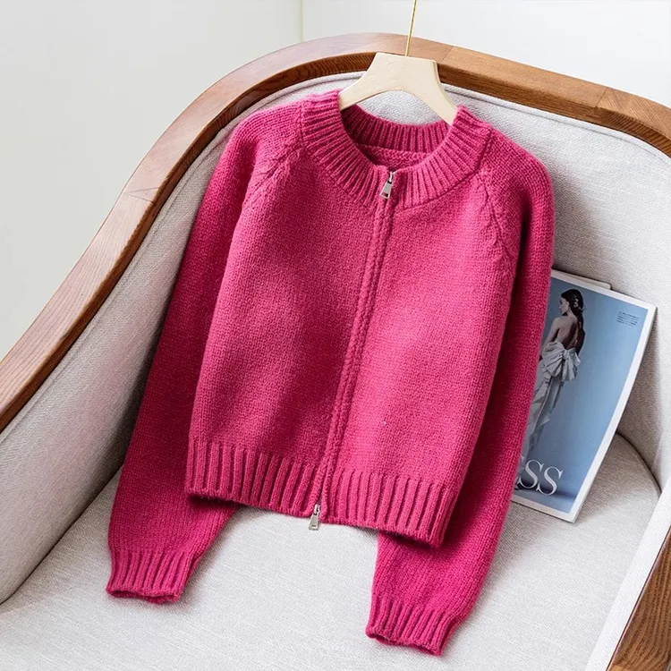 针织衫百搭女开衫宽松小个子玫红色厚毛衣短款外套女春秋新款上衣