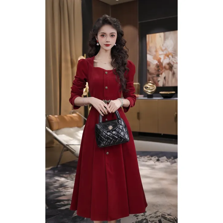 薇宝儿佳佳【玛丽红月光】新款法式高级感长袖显瘦连衣裙-59217K