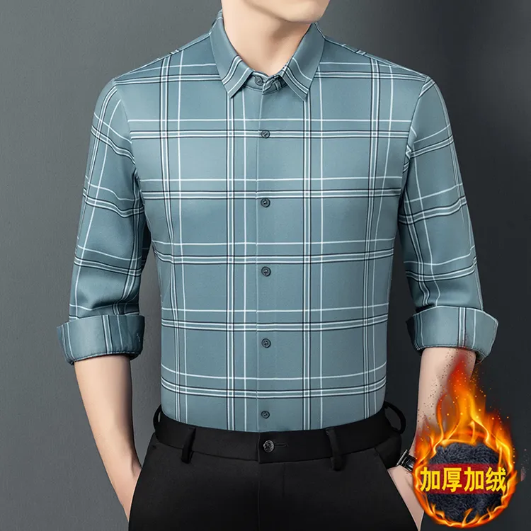 卡尔皮诺2606冬季男士免烫格子衬衫时尚高档保暖男装男士高档衬衫