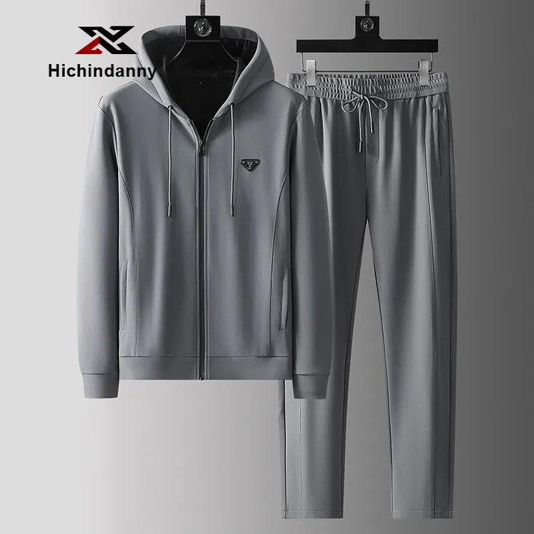 HICHIN连帽休闲运动套装男士春秋季开衫丝滑四面弹时尚夹克两件套