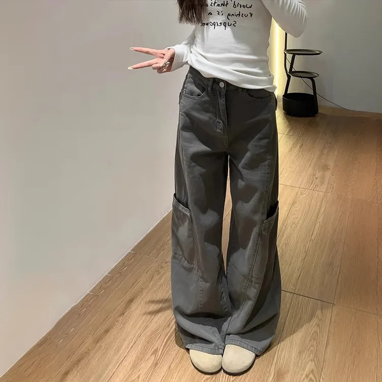 灰色阔腿工装裤女春季2025新款宽松梨型身材显瘦直筒牛仔裤子潮