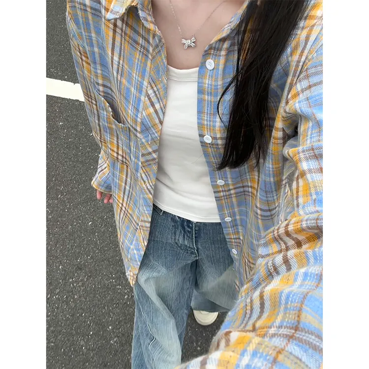 美式黄蓝格子长袖加绒衬衫男女氛围感穿搭高级感潮流复古情侣衬衣