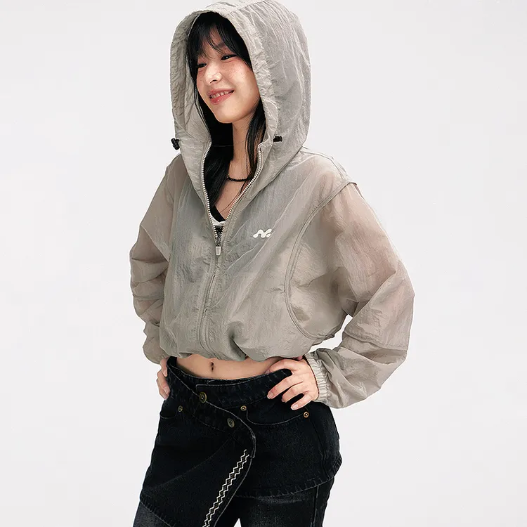 NO ONE ELSE美式复古女士夏季运动字母长袖机能夹克抽绳连帽外套