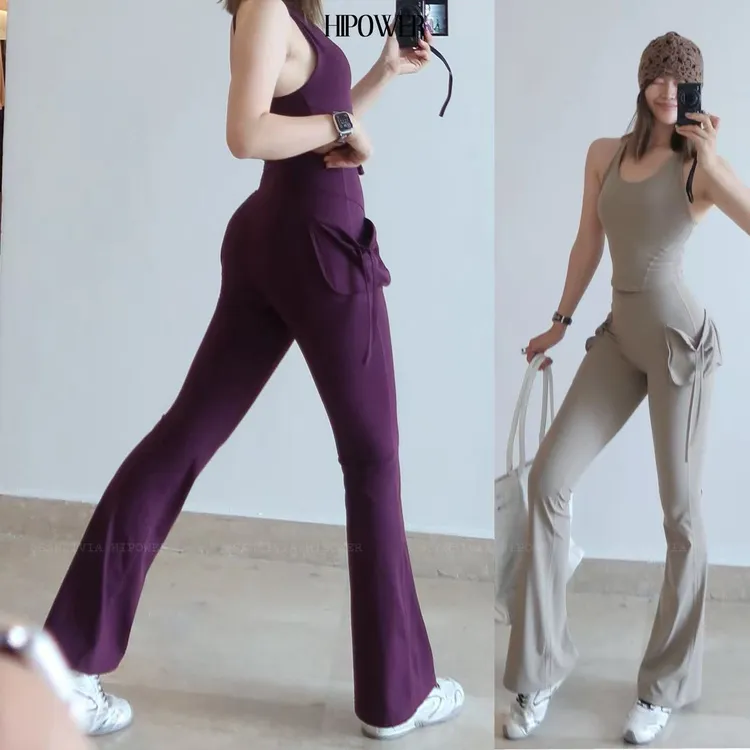 ‘丰臀微喇裤’运动健身裤微喇高腰紧身口袋弹力显腰细腿长裤子女秋